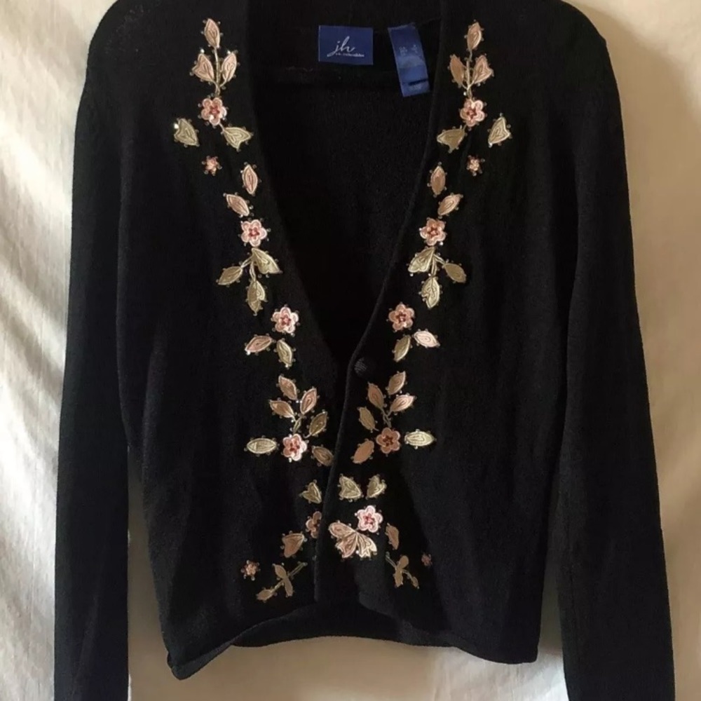 Vtg JH Collectibles Womens Sm Black Knit Cardigan Floral Embroidered Sequins